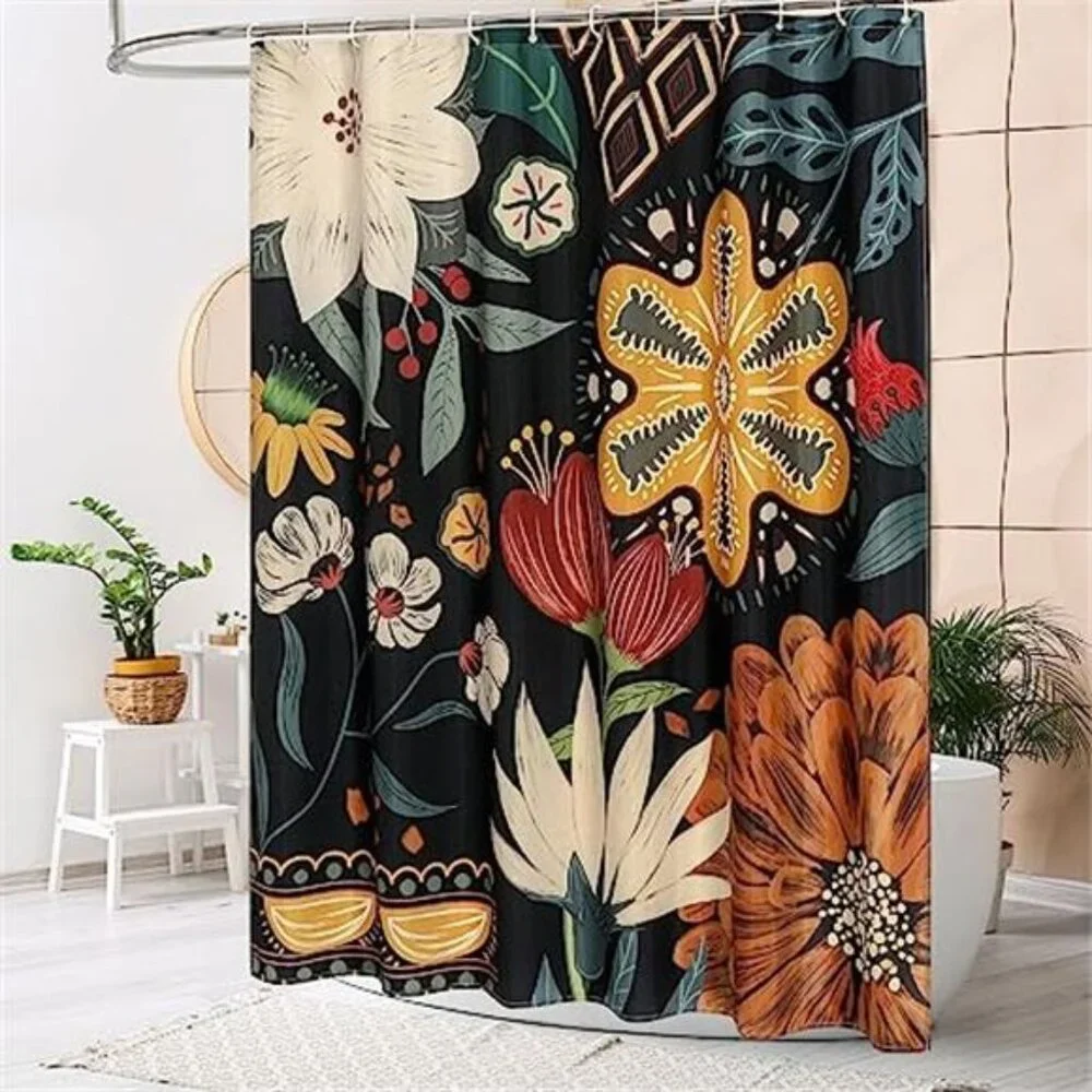 Boho Floral Shower Curtain, Spring Tropical Leaves Fabric Cloth Shower Curtains